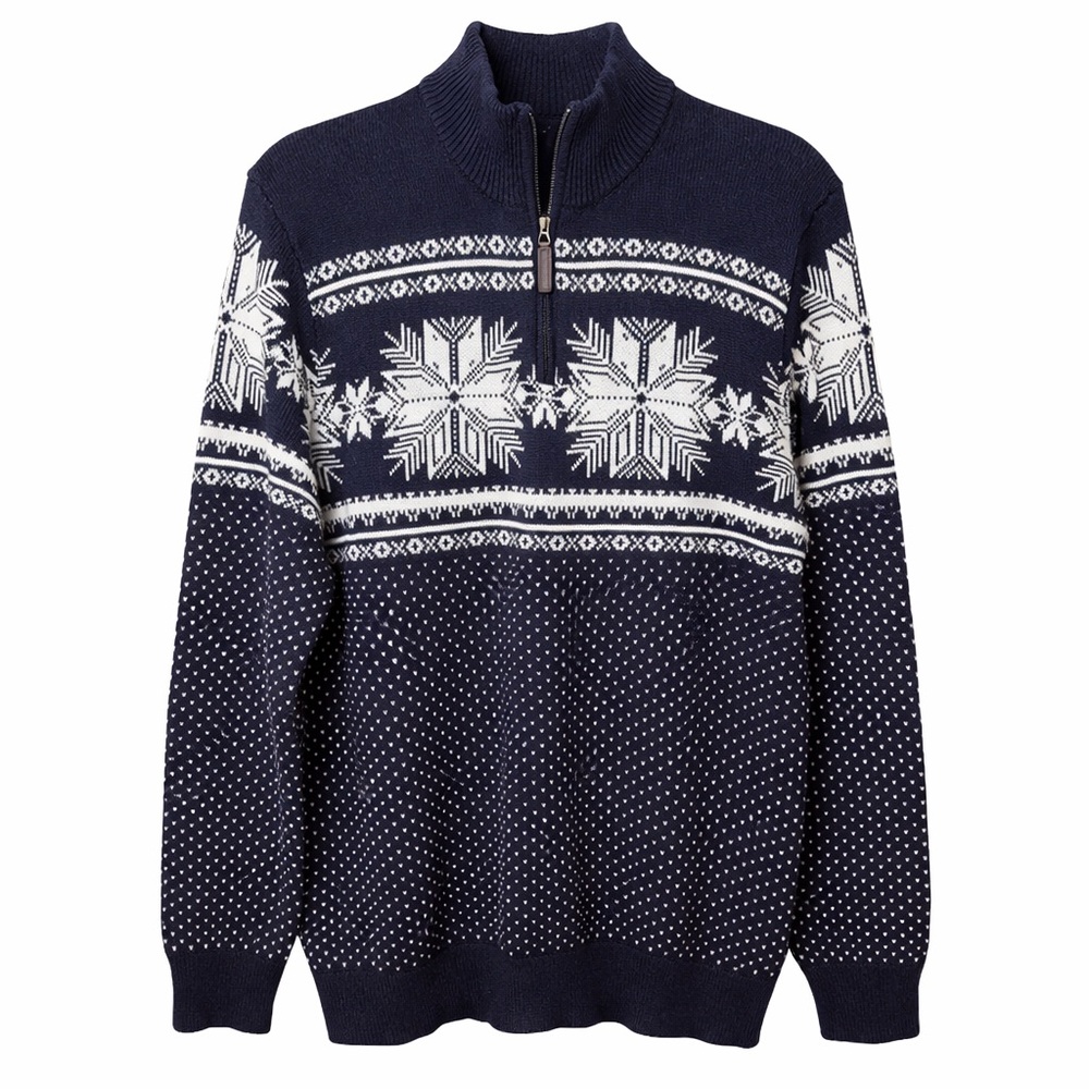 Aspen Men’s Snowflake Fair Isle 1/4 Zip Sweater Blue Cotton Size Large NWOT